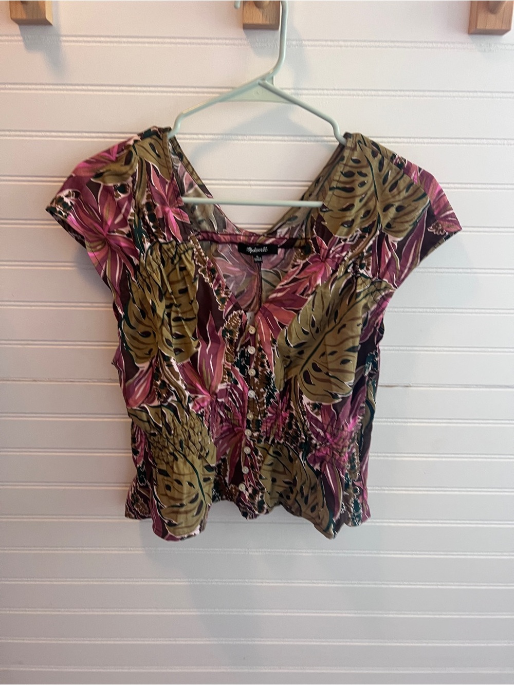 Madewell Pink & Olive Floral Cap Sleeve Button-Front Top